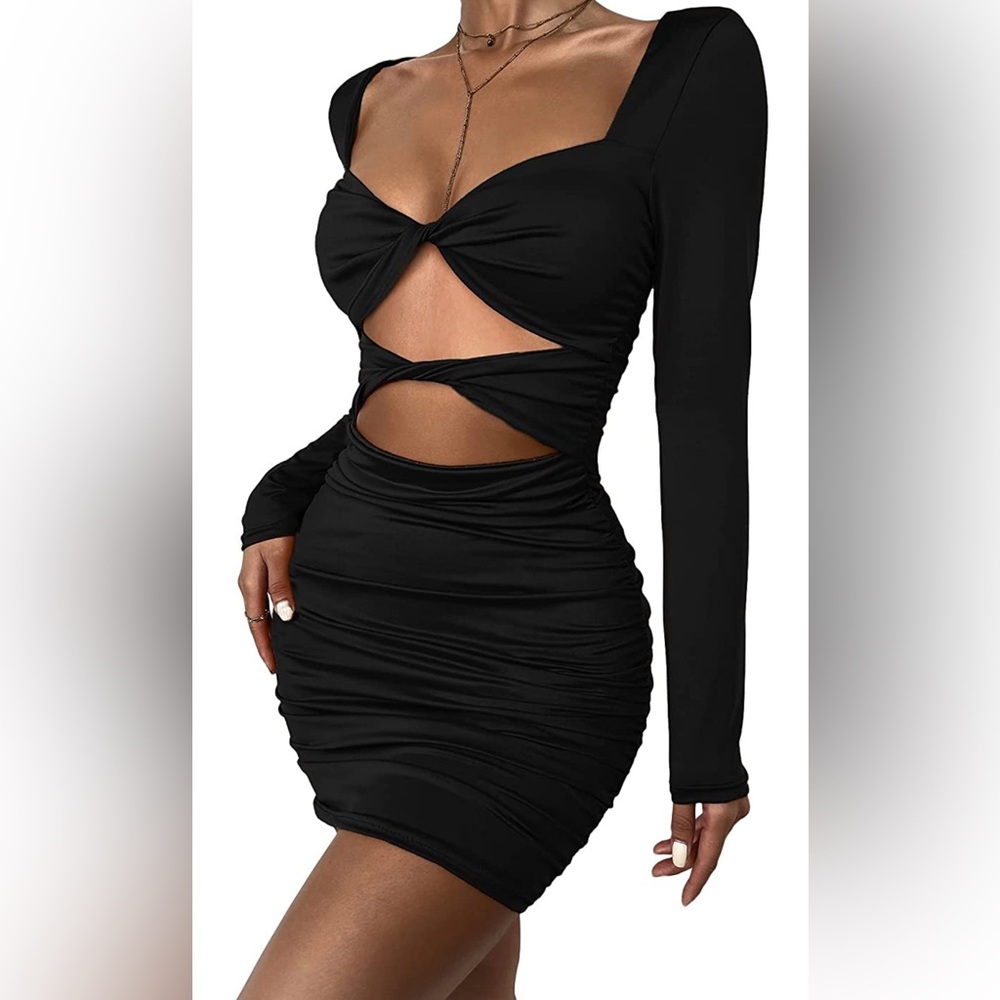 Sexy Deep V Neck Long Sleeve Ruched Bodycon Mini Dress